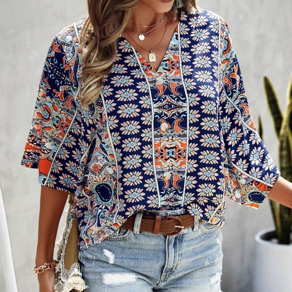 Boho Floral Print Kimono Sleeve Oversized Top - Picture 4 of 8